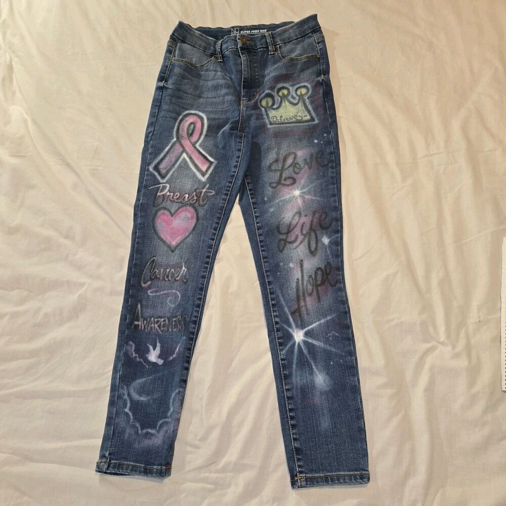 NOBO No Boundaries Women's Jeans Sz 11 Breast Cancer Pink Air Brush High Rise